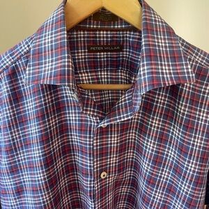 Peter Millar Men’s Blue and Red Plaid Casual Shirt - Size M
